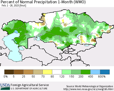 Kazakhstan Percent of Normal Precipitation 1-Month (WMO) Thematic Map For 2/1/2023 - 2/28/2023