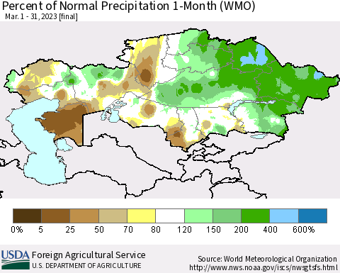 Kazakhstan Percent of Normal Precipitation 1-Month (WMO) Thematic Map For 3/1/2023 - 3/31/2023