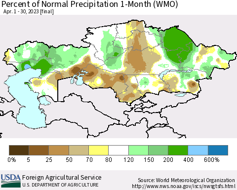 Kazakhstan Percent of Normal Precipitation 1-Month (WMO) Thematic Map For 4/1/2023 - 4/30/2023