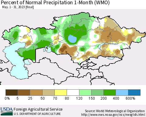 Kazakhstan Percent of Normal Precipitation 1-Month (WMO) Thematic Map For 5/1/2023 - 5/31/2023