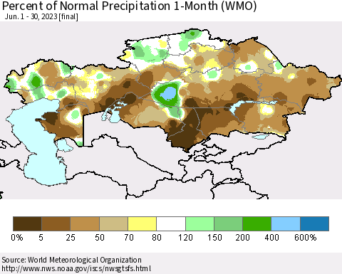Kazakhstan Percent of Normal Precipitation 1-Month (WMO) Thematic Map For 6/1/2023 - 6/30/2023