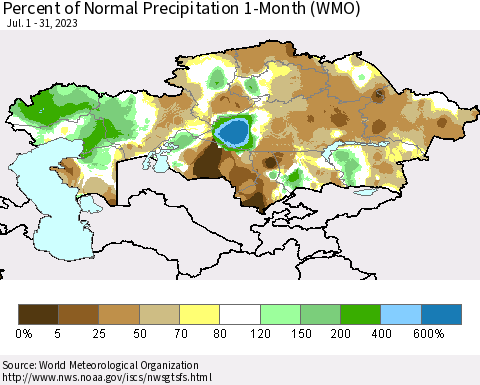 Kazakhstan Percent of Normal Precipitation 1-Month (WMO) Thematic Map For 7/1/2023 - 7/31/2023