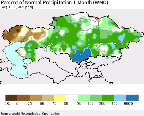 Kazakhstan Percent of Normal Precipitation 1-Month (WMO) Thematic Map For 8/1/2023 - 8/31/2023