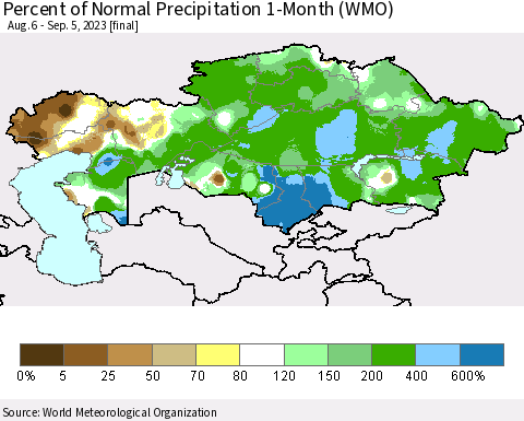 Kazakhstan Percent of Normal Precipitation 1-Month (WMO) Thematic Map For 8/6/2023 - 9/5/2023