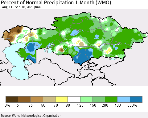 Kazakhstan Percent of Normal Precipitation 1-Month (WMO) Thematic Map For 8/11/2023 - 9/10/2023