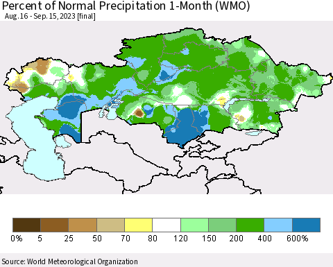Kazakhstan Percent of Normal Precipitation 1-Month (WMO) Thematic Map For 8/16/2023 - 9/15/2023