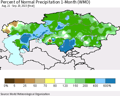 Kazakhstan Percent of Normal Precipitation 1-Month (WMO) Thematic Map For 8/21/2023 - 9/20/2023