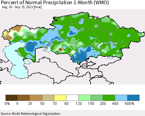 Kazakhstan Percent of Normal Precipitation 1-Month (WMO) Thematic Map For 8/26/2023 - 9/25/2023