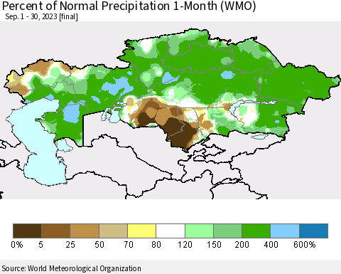 Kazakhstan Percent of Normal Precipitation 1-Month (WMO) Thematic Map For 9/1/2023 - 9/30/2023
