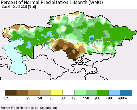 Kazakhstan Percent of Normal Precipitation 1-Month (WMO) Thematic Map For 9/6/2023 - 10/5/2023