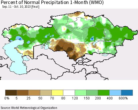 Kazakhstan Percent of Normal Precipitation 1-Month (WMO) Thematic Map For 9/11/2023 - 10/10/2023