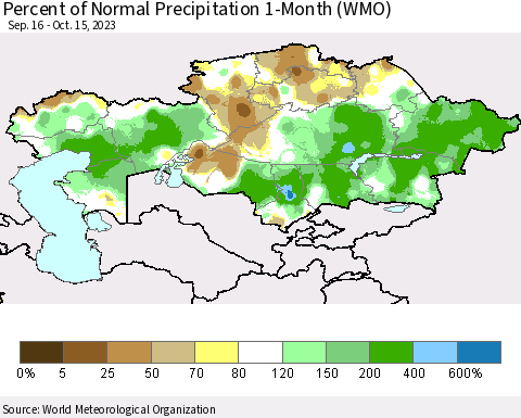 Kazakhstan Percent of Normal Precipitation 1-Month (WMO) Thematic Map For 9/16/2023 - 10/15/2023