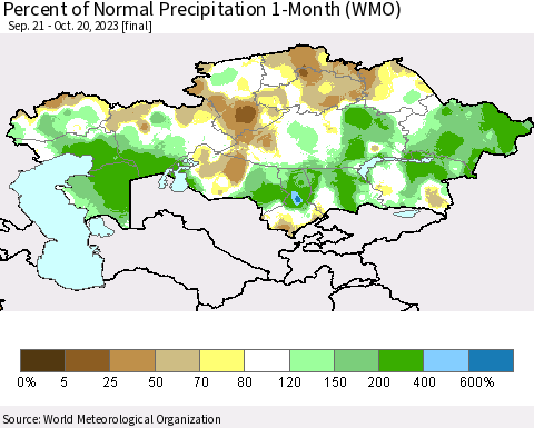 Kazakhstan Percent of Normal Precipitation 1-Month (WMO) Thematic Map For 9/21/2023 - 10/20/2023
