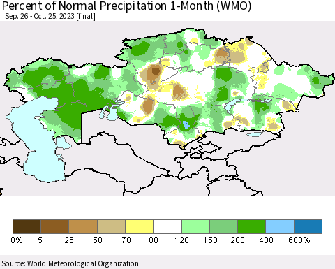 Kazakhstan Percent of Normal Precipitation 1-Month (WMO) Thematic Map For 9/26/2023 - 10/25/2023