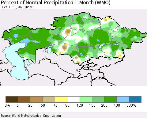 Kazakhstan Percent of Normal Precipitation 1-Month (WMO) Thematic Map For 10/1/2023 - 10/31/2023
