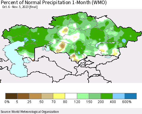 Kazakhstan Percent of Normal Precipitation 1-Month (WMO) Thematic Map For 10/6/2023 - 11/5/2023