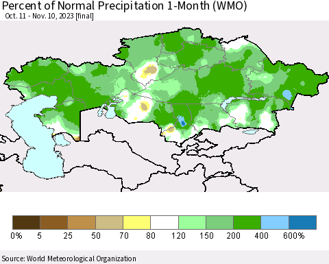 Kazakhstan Percent of Normal Precipitation 1-Month (WMO) Thematic Map For 10/11/2023 - 11/10/2023