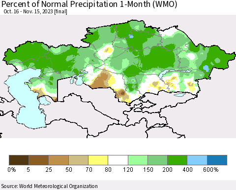Kazakhstan Percent of Normal Precipitation 1-Month (WMO) Thematic Map For 10/16/2023 - 11/15/2023