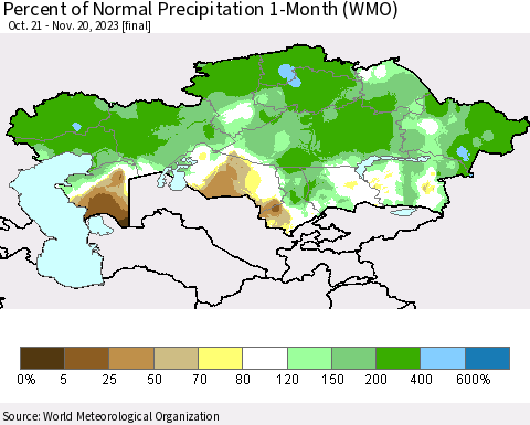 Kazakhstan Percent of Normal Precipitation 1-Month (WMO) Thematic Map For 10/21/2023 - 11/20/2023