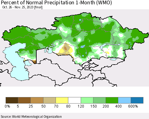 Kazakhstan Percent of Normal Precipitation 1-Month (WMO) Thematic Map For 10/26/2023 - 11/25/2023