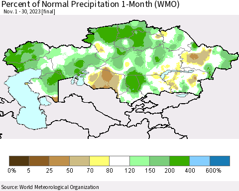 Kazakhstan Percent of Normal Precipitation 1-Month (WMO) Thematic Map For 11/1/2023 - 11/30/2023