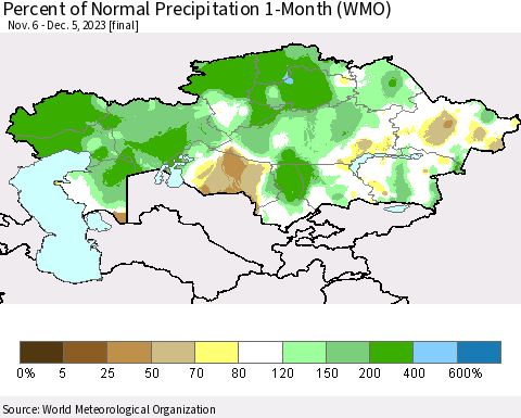 Kazakhstan Percent of Normal Precipitation 1-Month (WMO) Thematic Map For 11/6/2023 - 12/5/2023