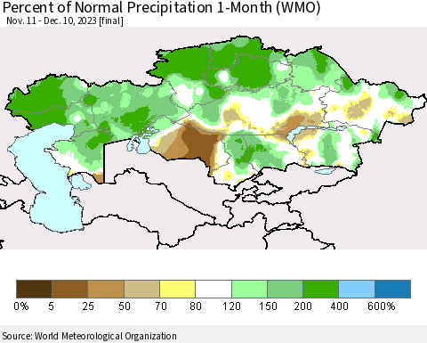Kazakhstan Percent of Normal Precipitation 1-Month (WMO) Thematic Map For 11/11/2023 - 12/10/2023