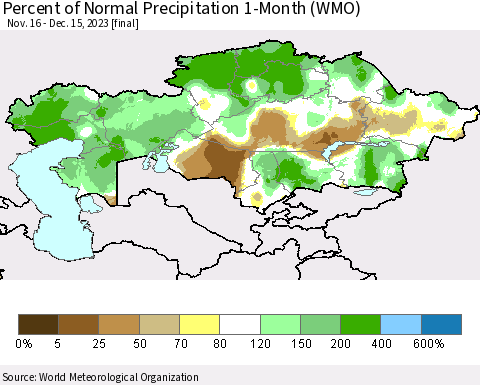 Kazakhstan Percent of Normal Precipitation 1-Month (WMO) Thematic Map For 11/16/2023 - 12/15/2023