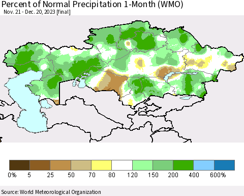 Kazakhstan Percent of Normal Precipitation 1-Month (WMO) Thematic Map For 11/21/2023 - 12/20/2023
