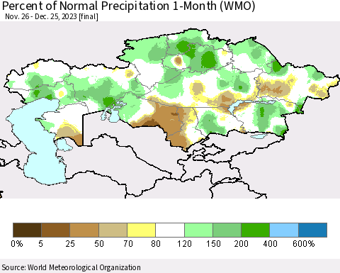 Kazakhstan Percent of Normal Precipitation 1-Month (WMO) Thematic Map For 11/26/2023 - 12/25/2023