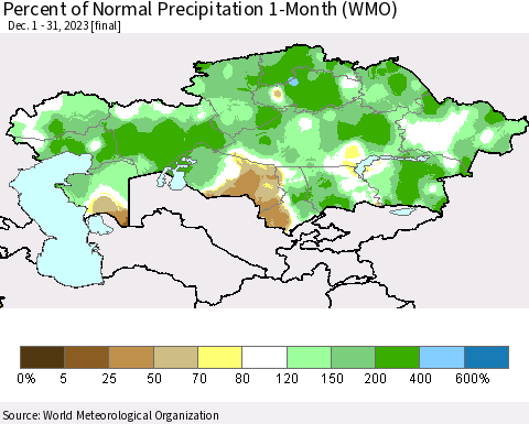 Kazakhstan Percent of Normal Precipitation 1-Month (WMO) Thematic Map For 12/1/2023 - 12/31/2023