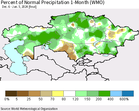 Kazakhstan Percent of Normal Precipitation 1-Month (WMO) Thematic Map For 12/6/2023 - 1/5/2024