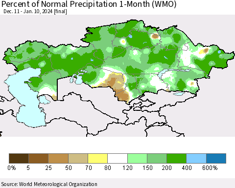 Kazakhstan Percent of Normal Precipitation 1-Month (WMO) Thematic Map For 12/11/2023 - 1/10/2024