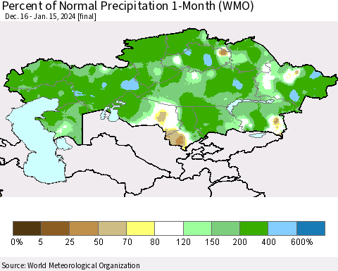 Kazakhstan Percent of Normal Precipitation 1-Month (WMO) Thematic Map For 12/16/2023 - 1/15/2024