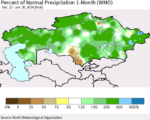 Kazakhstan Percent of Normal Precipitation 1-Month (WMO) Thematic Map For 12/21/2023 - 1/20/2024