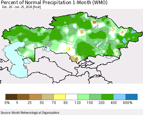 Kazakhstan Percent of Normal Precipitation 1-Month (WMO) Thematic Map For 12/26/2023 - 1/25/2024
