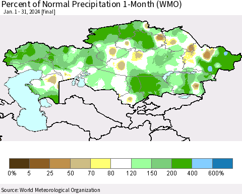 Kazakhstan Percent of Normal Precipitation 1-Month (WMO) Thematic Map For 1/1/2024 - 1/31/2024