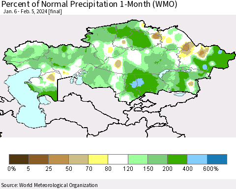 Kazakhstan Percent of Normal Precipitation 1-Month (WMO) Thematic Map For 1/6/2024 - 2/5/2024