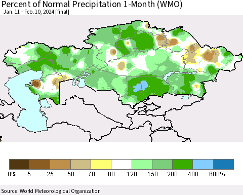 Kazakhstan Percent of Normal Precipitation 1-Month (WMO) Thematic Map For 1/11/2024 - 2/10/2024