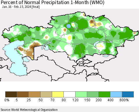 Kazakhstan Percent of Normal Precipitation 1-Month (WMO) Thematic Map For 1/16/2024 - 2/15/2024