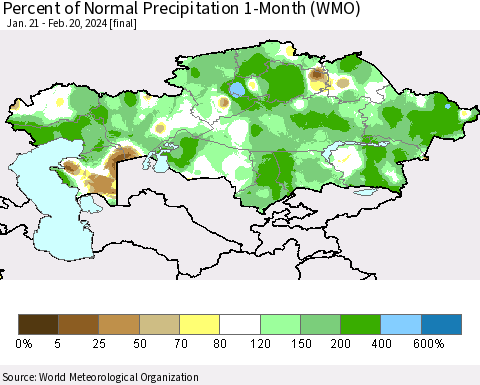 Kazakhstan Percent of Normal Precipitation 1-Month (WMO) Thematic Map For 1/21/2024 - 2/20/2024