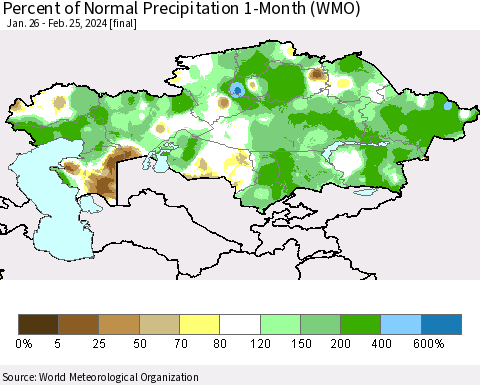 Kazakhstan Percent of Normal Precipitation 1-Month (WMO) Thematic Map For 1/26/2024 - 2/25/2024
