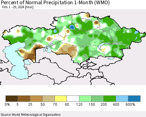 Kazakhstan Percent of Normal Precipitation 1-Month (WMO) Thematic Map For 2/1/2024 - 2/29/2024