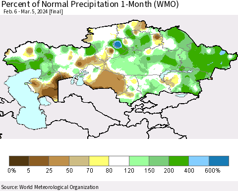Kazakhstan Percent of Normal Precipitation 1-Month (WMO) Thematic Map For 2/6/2024 - 3/5/2024
