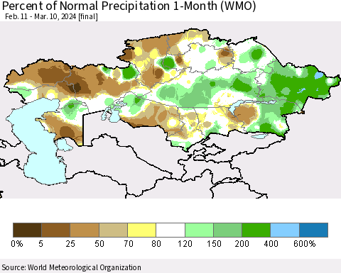 Kazakhstan Percent of Normal Precipitation 1-Month (WMO) Thematic Map For 2/11/2024 - 3/10/2024