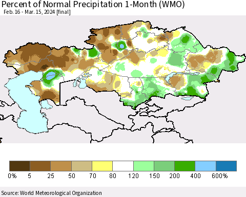 Kazakhstan Percent of Normal Precipitation 1-Month (WMO) Thematic Map For 2/16/2024 - 3/15/2024