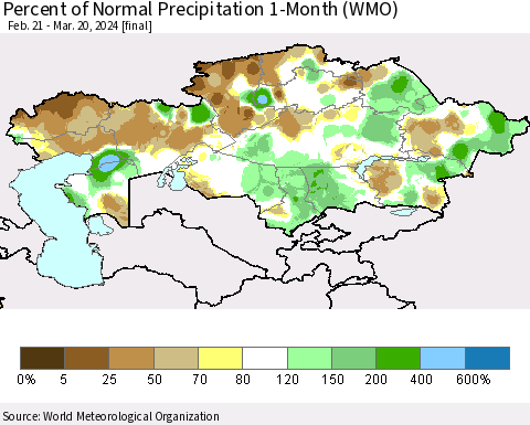 Kazakhstan Percent of Normal Precipitation 1-Month (WMO) Thematic Map For 2/21/2024 - 3/20/2024