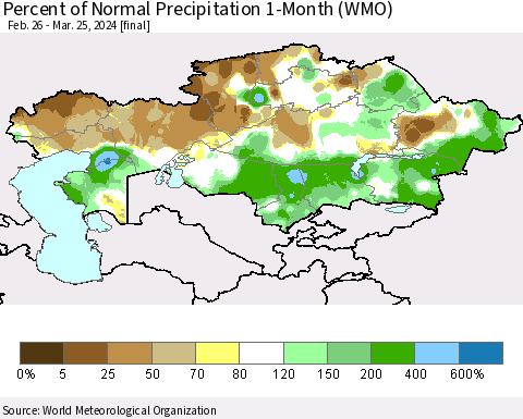 Kazakhstan Percent of Normal Precipitation 1-Month (WMO) Thematic Map For 2/26/2024 - 3/25/2024