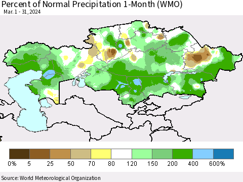 Kazakhstan Percent of Normal Precipitation 1-Month (WMO) Thematic Map For 3/1/2024 - 3/31/2024