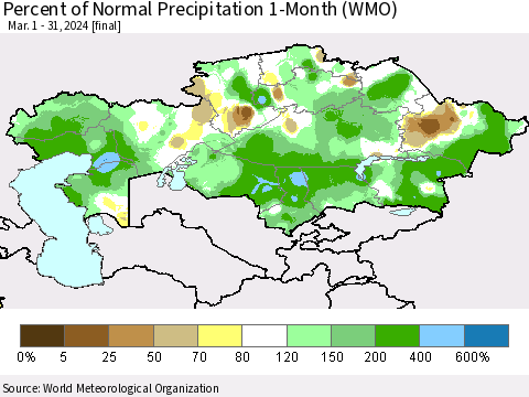 Kazakhstan Percent of Normal Precipitation 1-Month (WMO) Thematic Map For 3/1/2024 - 3/31/2024